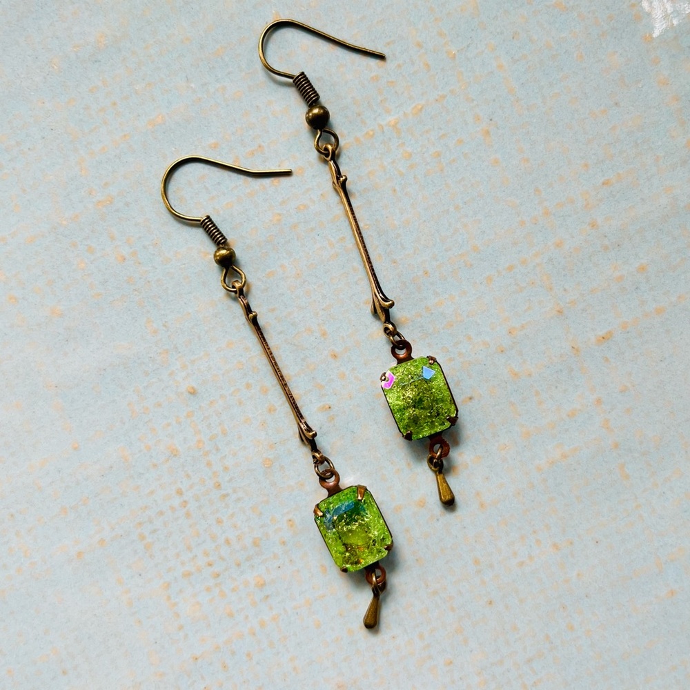 SOLD Peridot Green Crackle Glass Art Nouveau Earrings w a Glacier Blue Finish - Picture 7 of 15